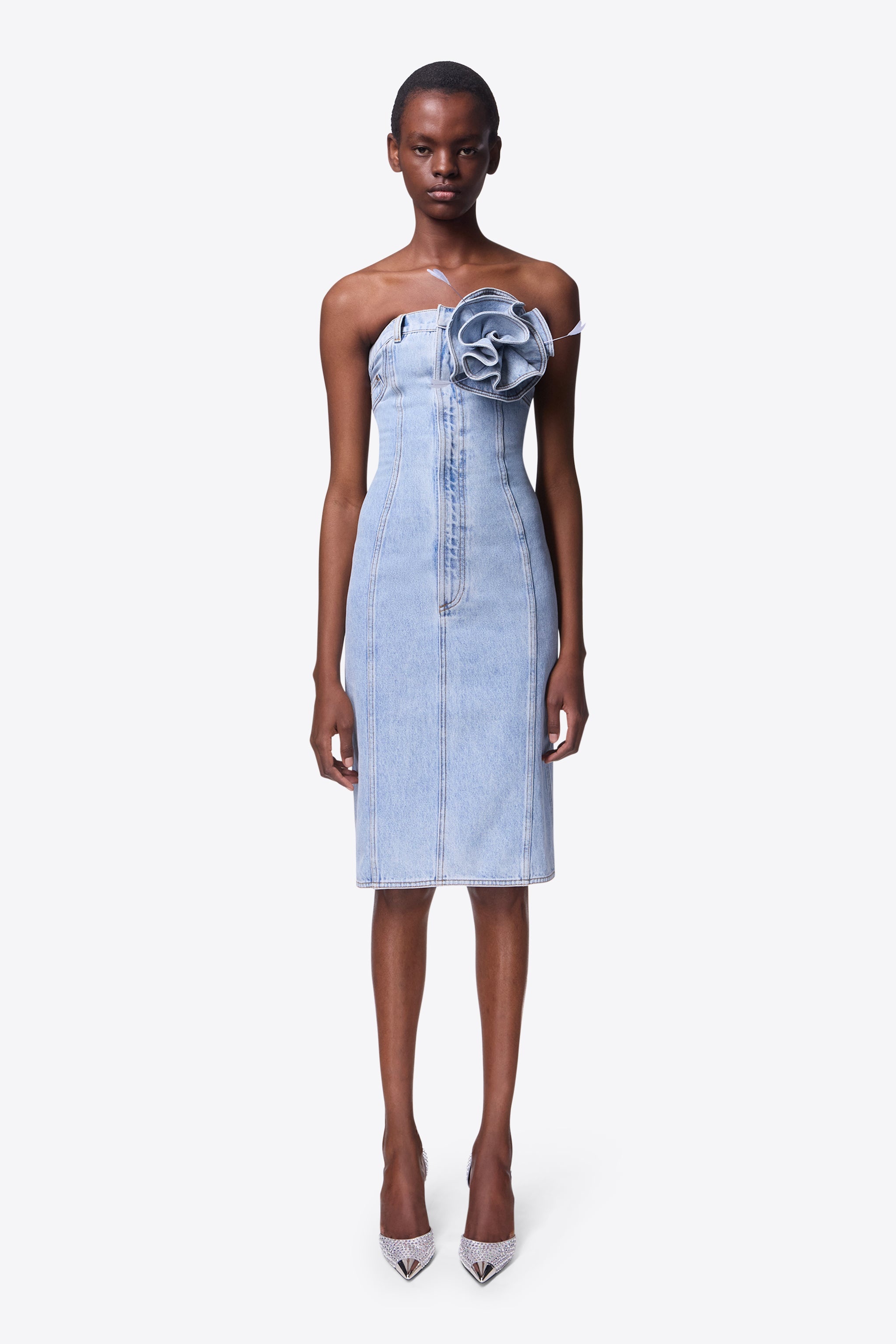 FLOWER CORSAGE STRAPLESS MIDI DRESS - 3