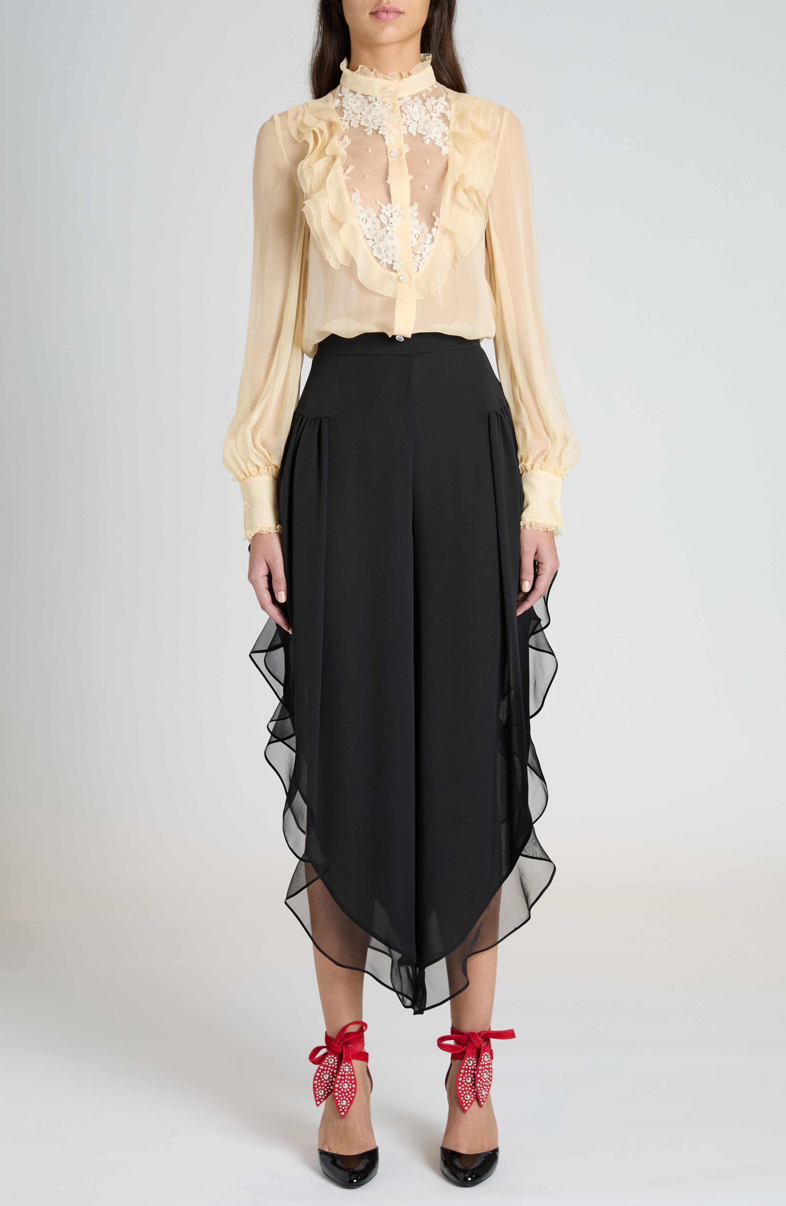 Valentino Garavani Ruffle Silk Georgette Pants in Nero at Nordstrom - 6
