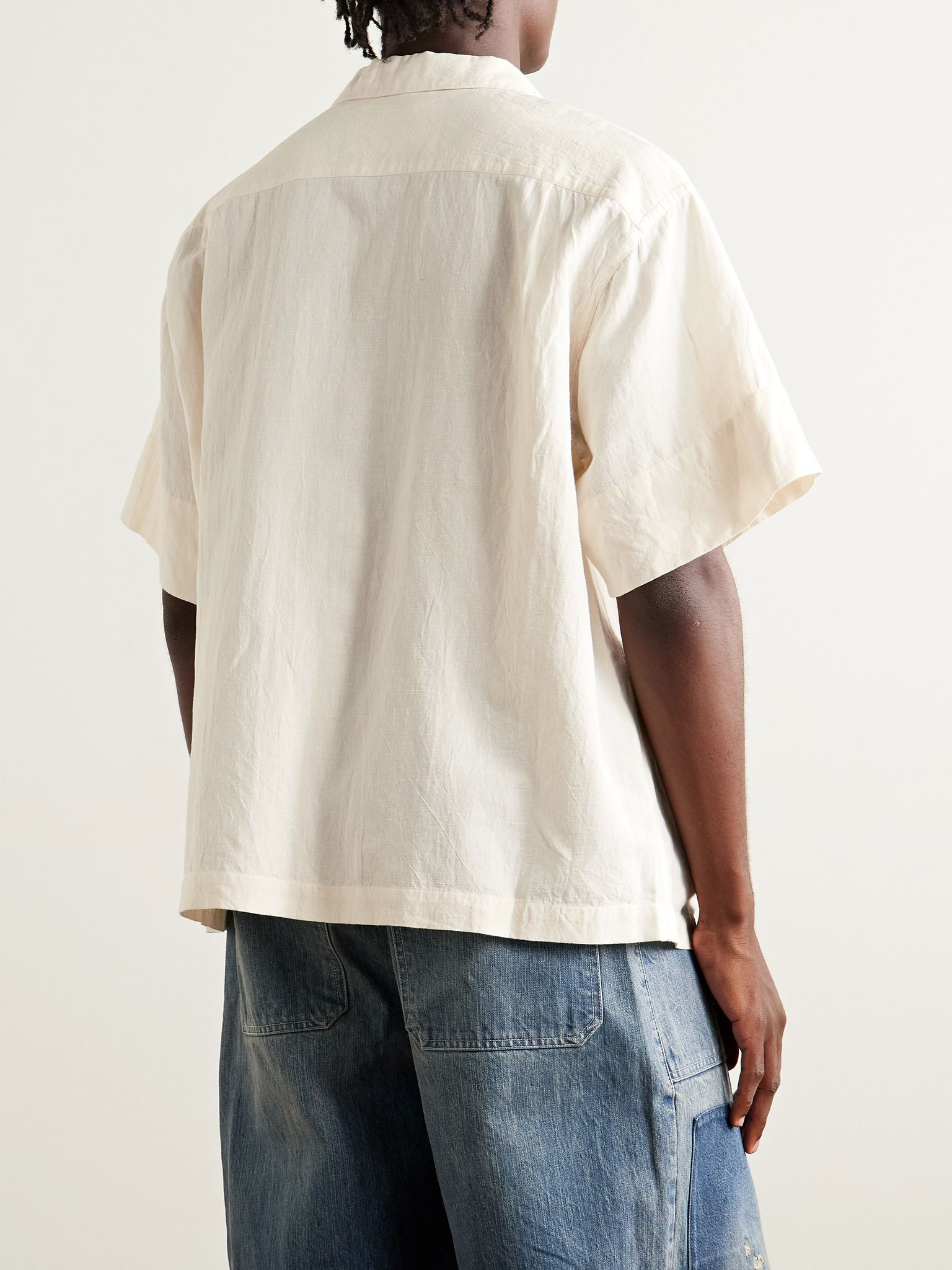 Greetings Camp-Collar Logo-Appliquéd Cotton and Linen-Blend Shirt Ecru - 3