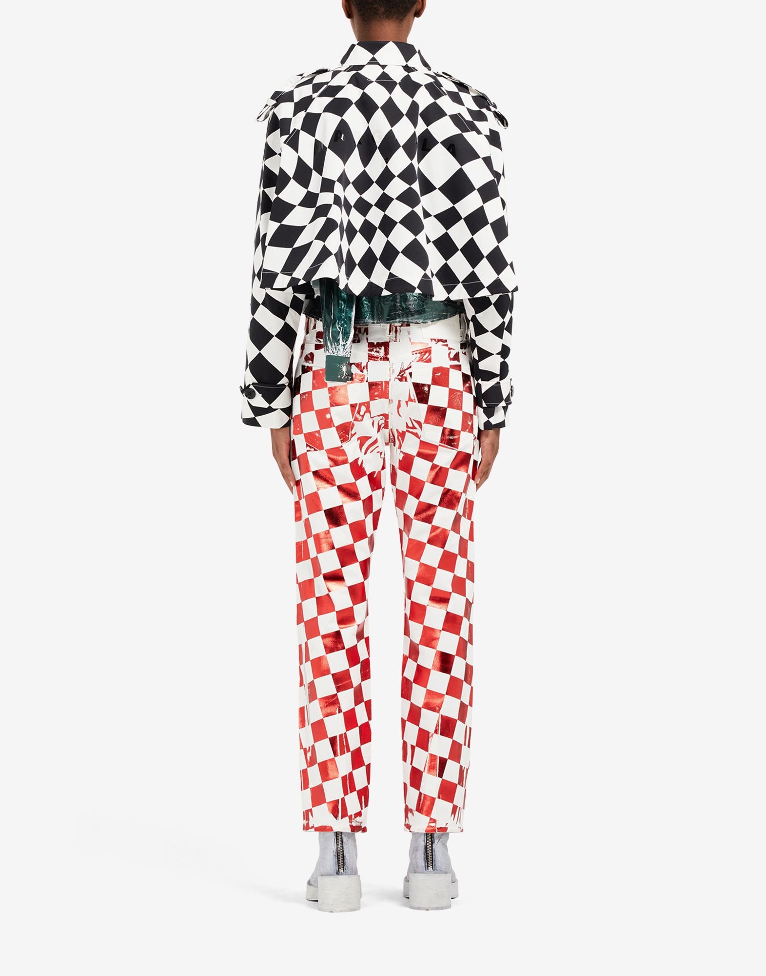 Distorted chess print crop trench coat - 4