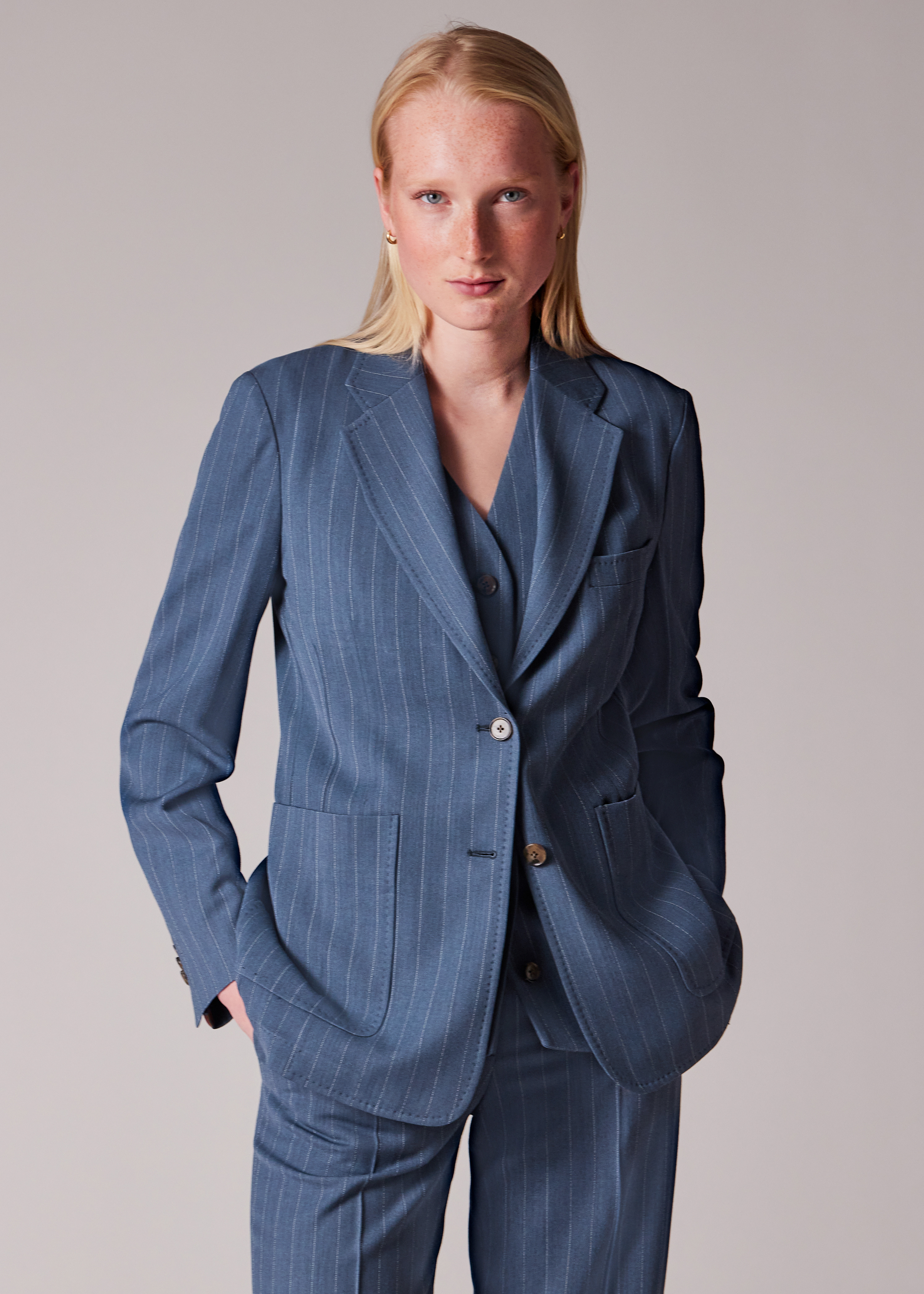 Women's Slate Blue Unlined Pinstripe Three-Piece Suit - 2
