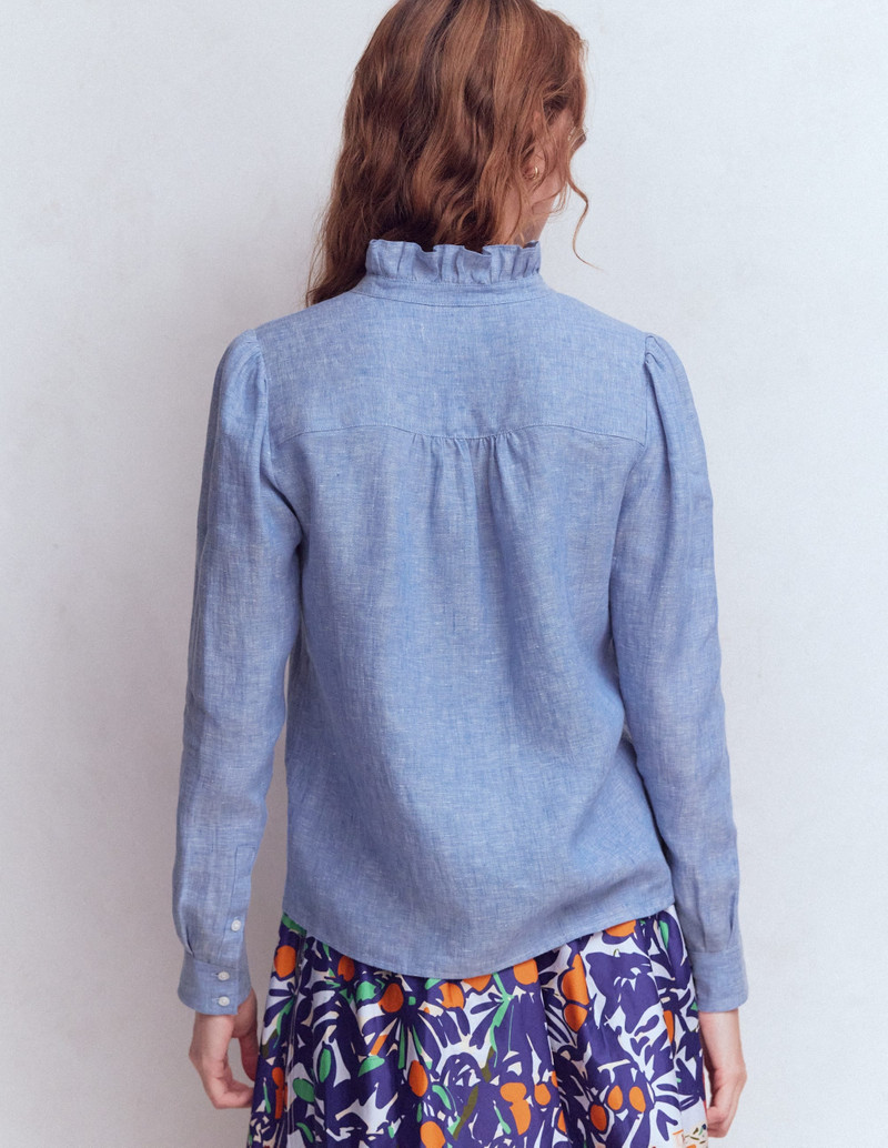 Isabel Ruffle Linen Shirt-Chambray 4