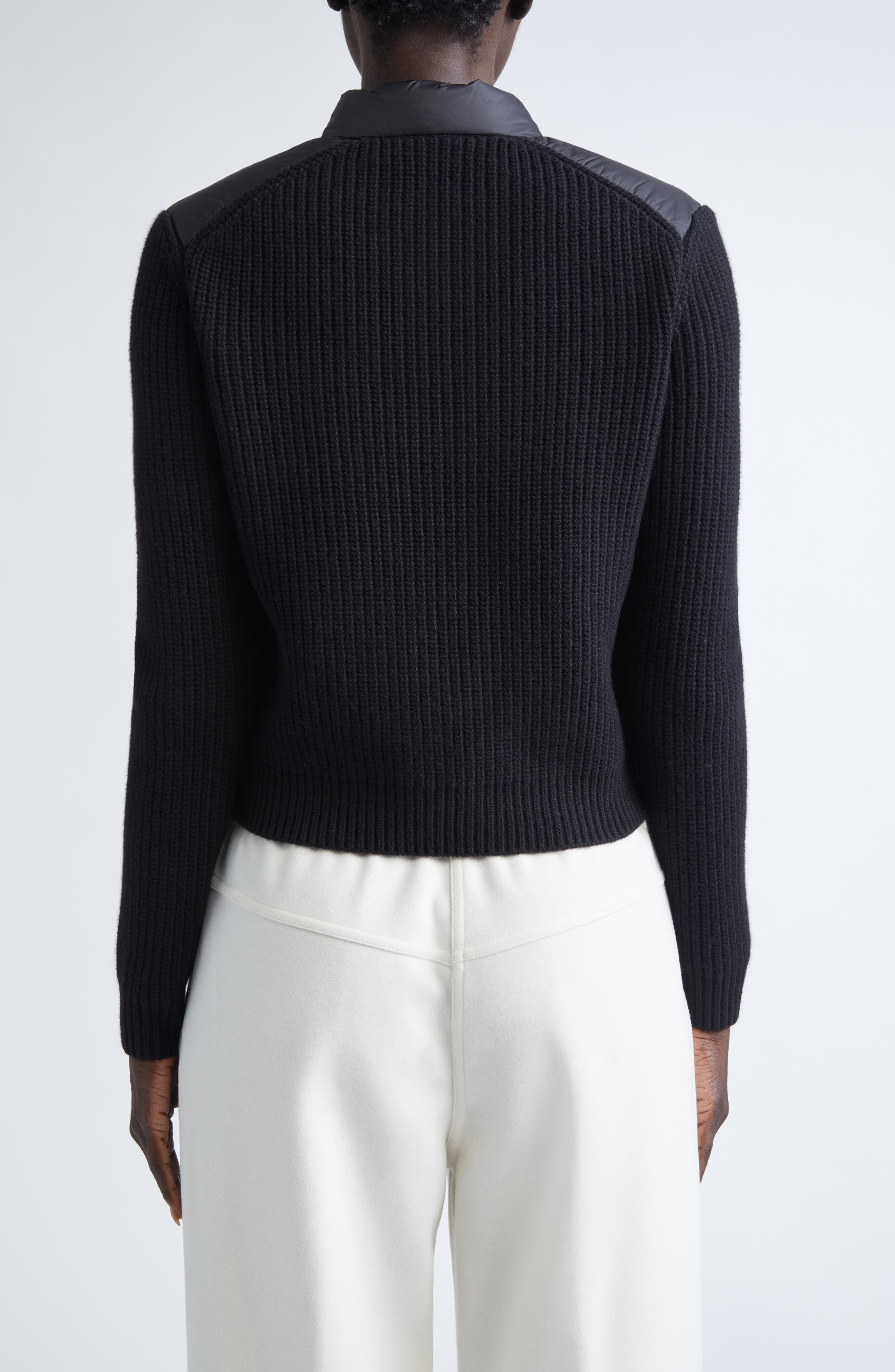 Moncler Purl Stitch Wool & Cashmere & Quilted Down Puffer Cardigan in Black at Nordstrom - 2
