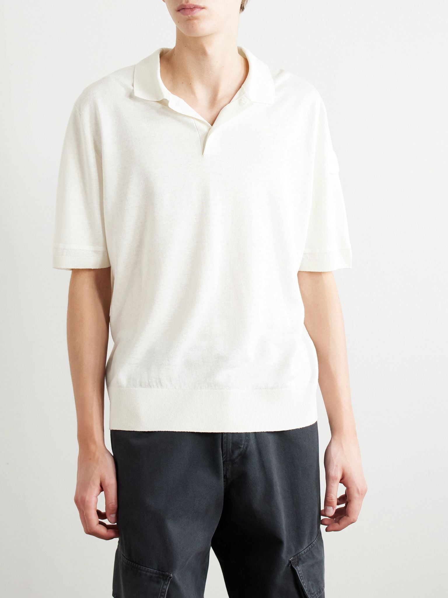 Logo-Appliquéd Silk and Linen-Blend Polo Shirt White - 3