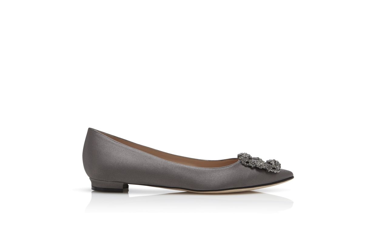 Grey Satin Jewel Buckle Flat Pumps - 1