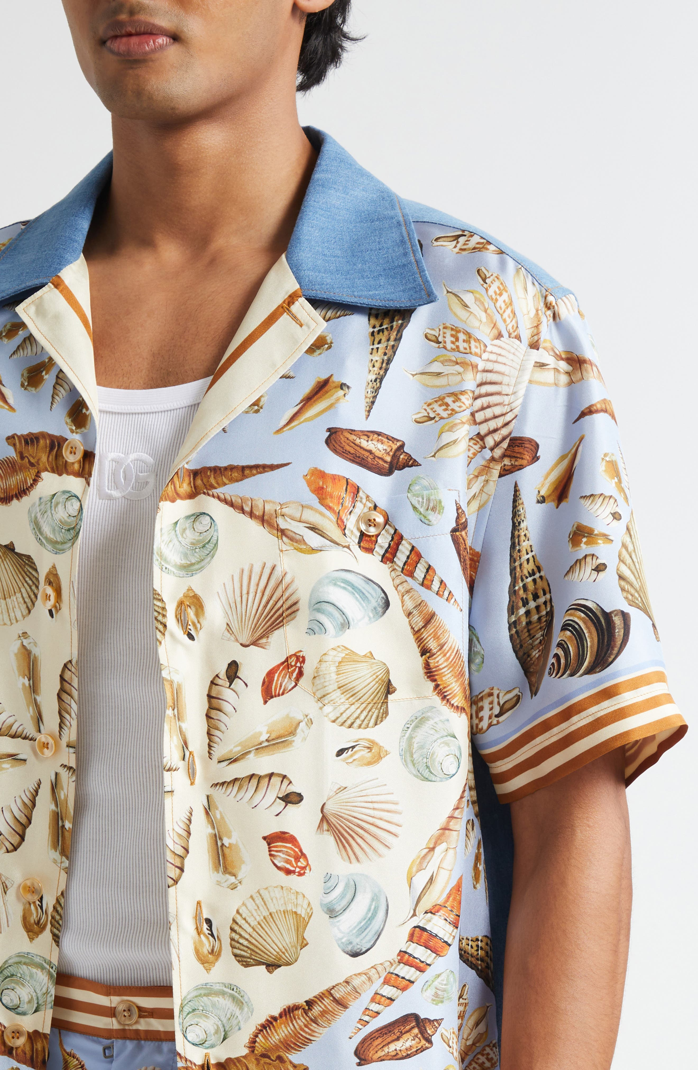 Dolce&Gabbana Seashell Print Mixed Media Camp Shirt in S9001 Variante Abbinata at Nordstrom - 4