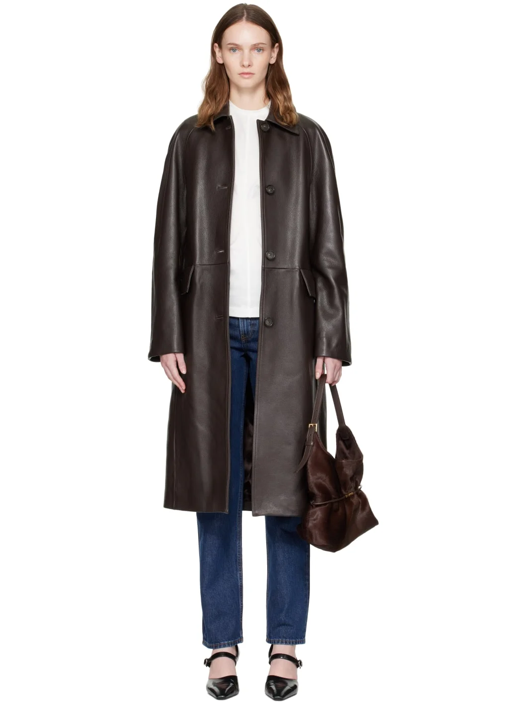Brown Raglan Leather Coat - 1