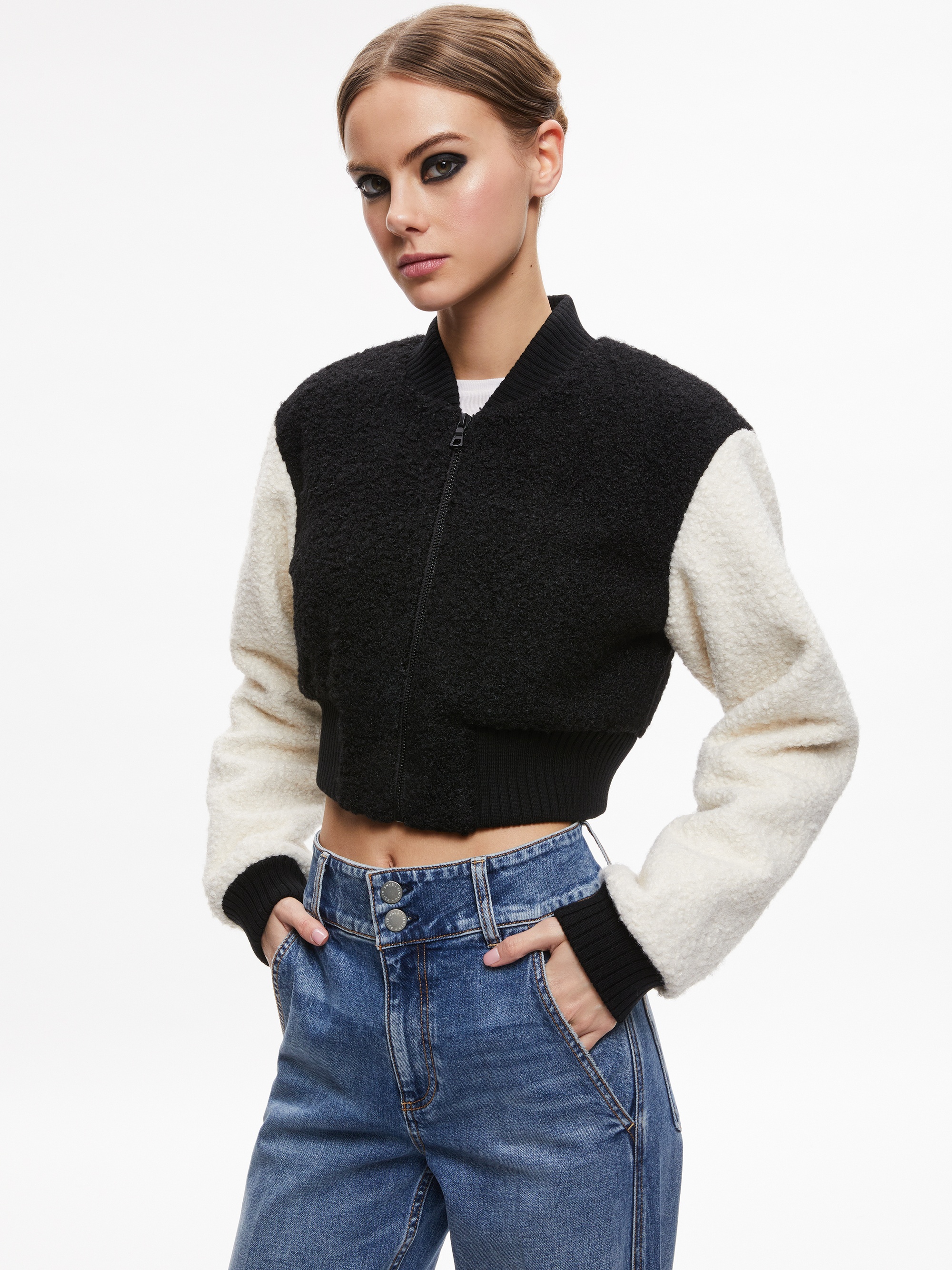 FELISA FUZZY KNIT CROPPED VARSITY JACKET - 2