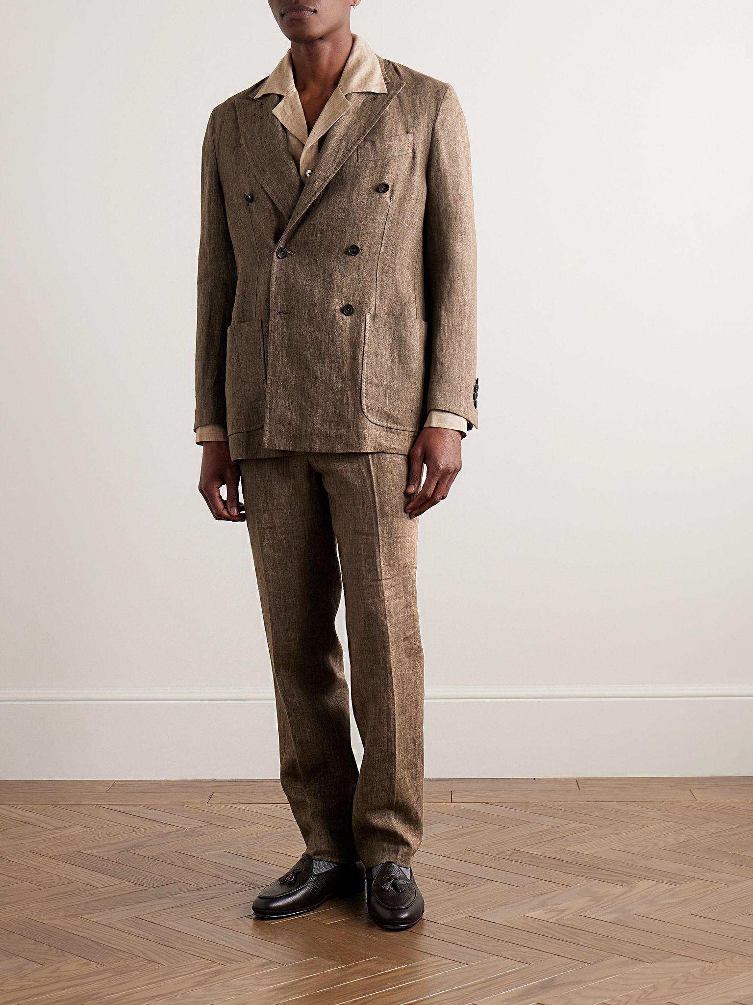 Unstructured Double-Breasted Linen Suit Jacket Chocolate - 2