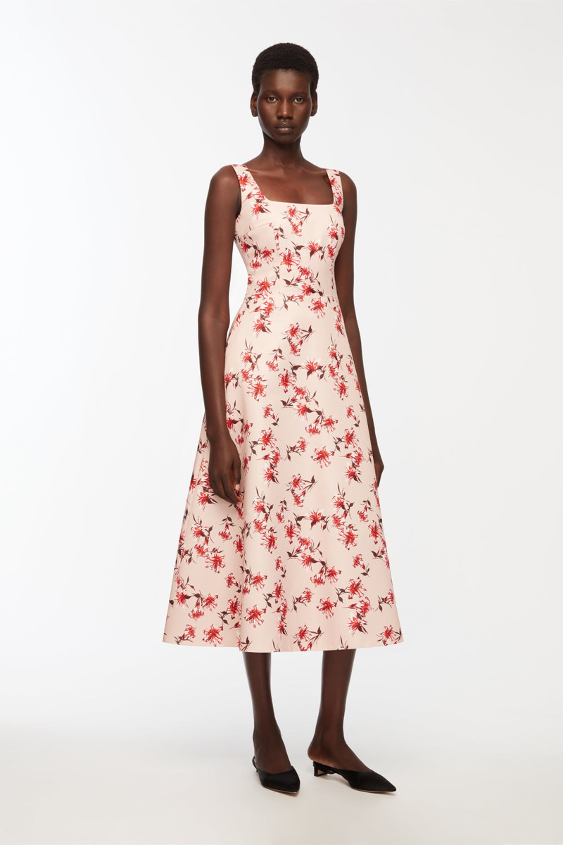 EMILIA WICKSTEAD Shiloh Dress In Red Summer Lillies On Pink Taffeta Faille outlook