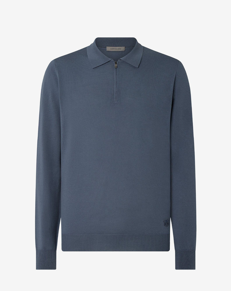 Aviator blue zip-up extra fine wool polo shirt 1