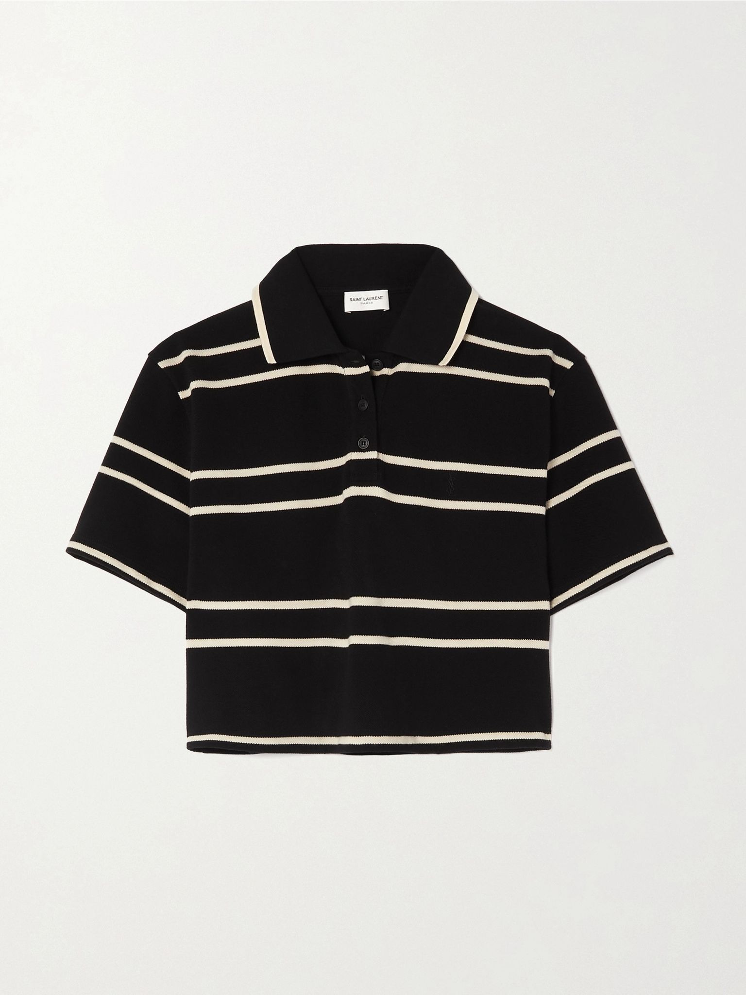 Striped cropped cotton-piqué polo shirt Black - 1