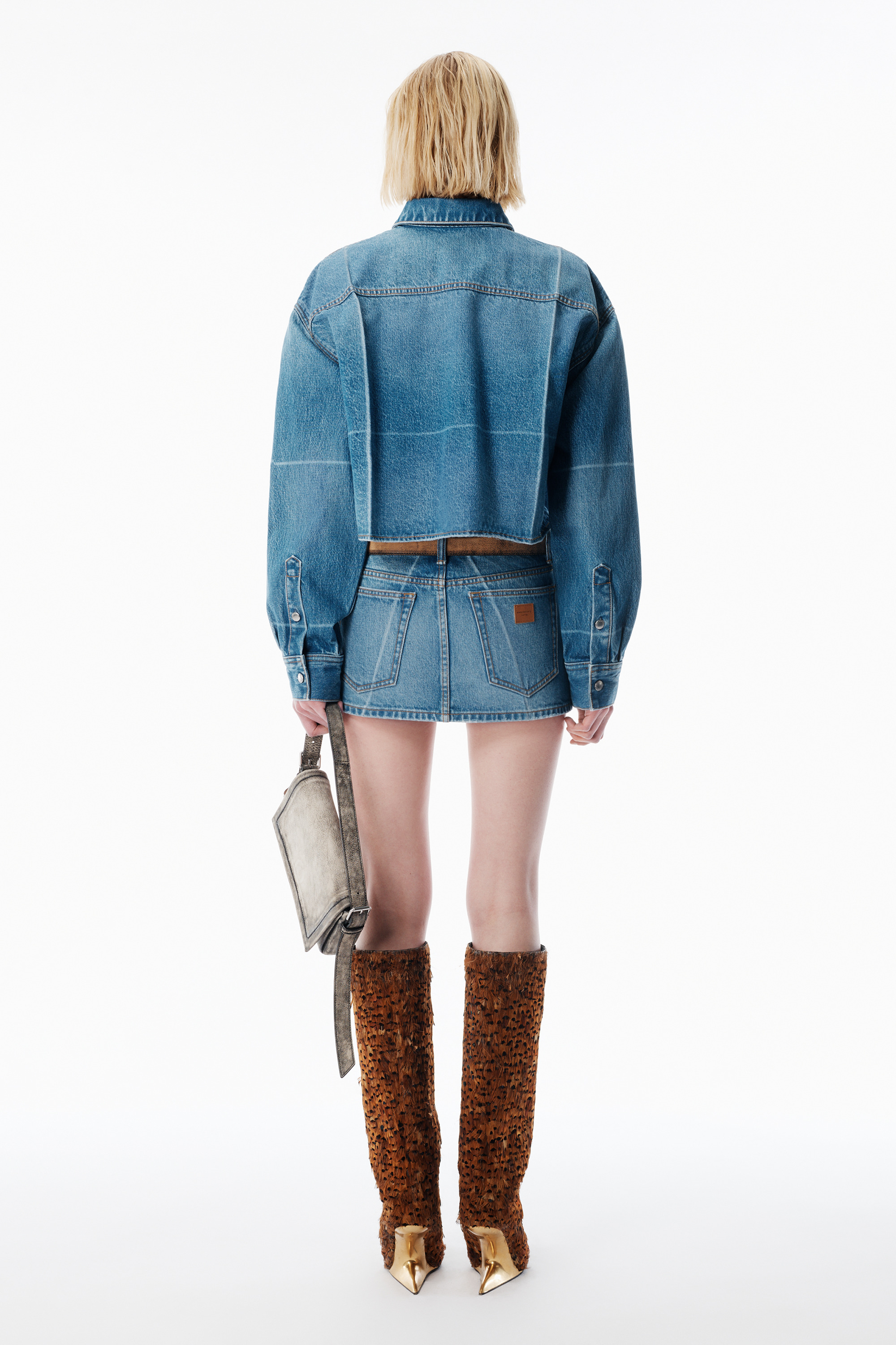 Vintage-Effect Marbled Blue Denim Cropped Shirt - 4
