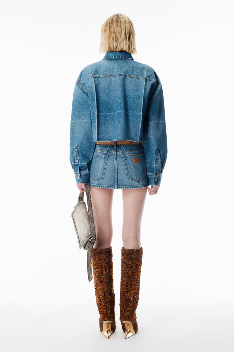 Vintage-Effect Marbled Blue Denim Cropped Shirt 4