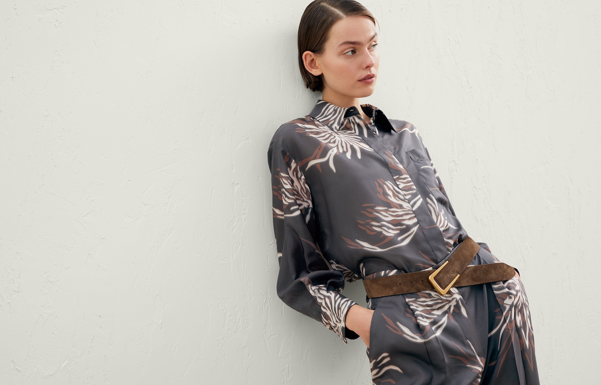 Silk marine flower pongee jumpsuit with shiny pocket - 6