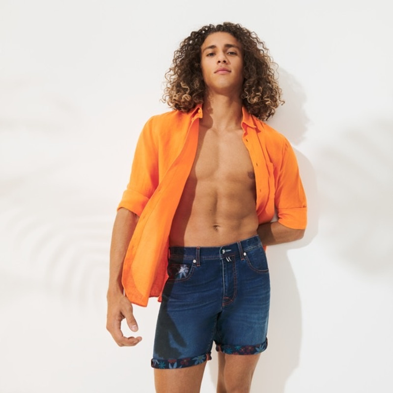 Men Denim Bermuda Shorts printed 1977 Spring Flower 3