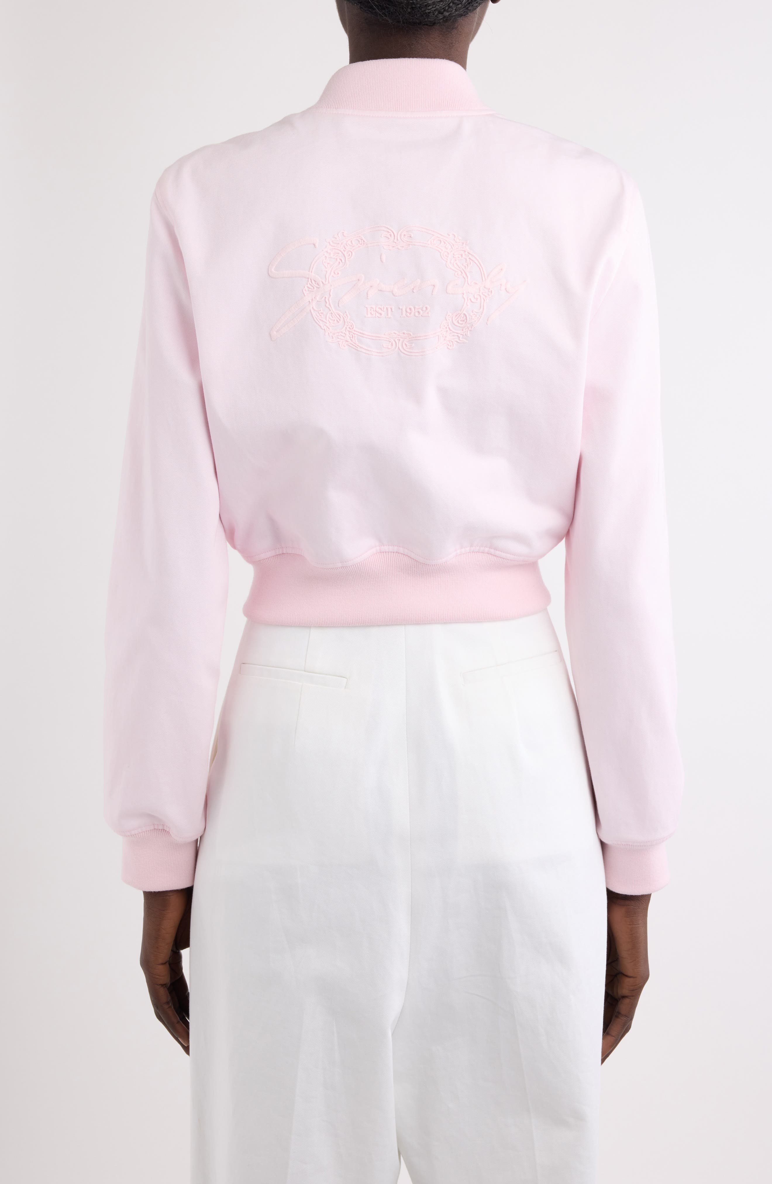 Givenchy Logo Embroidered Crop Bomber Jacket in Baby Pink at Nordstrom - 3