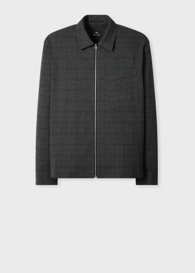 Grey Textured-Cotton Check Zip Overshirt 1