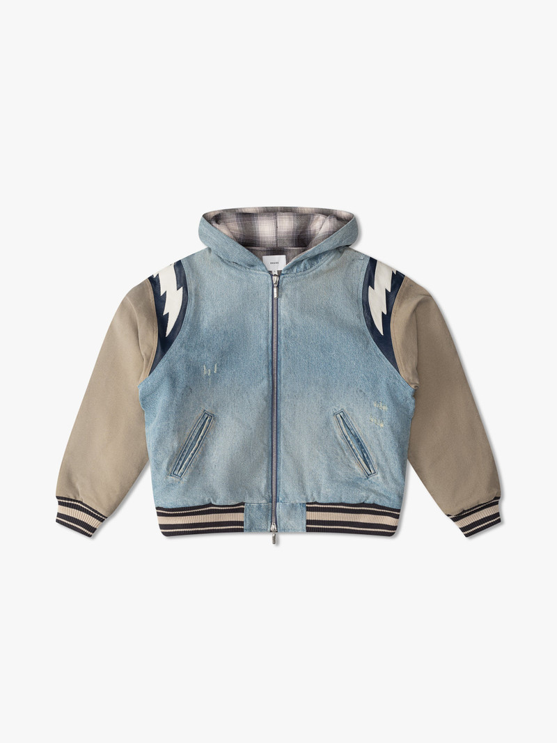 LIGHTNING DENIM HOODED VARSITY JACKET 1