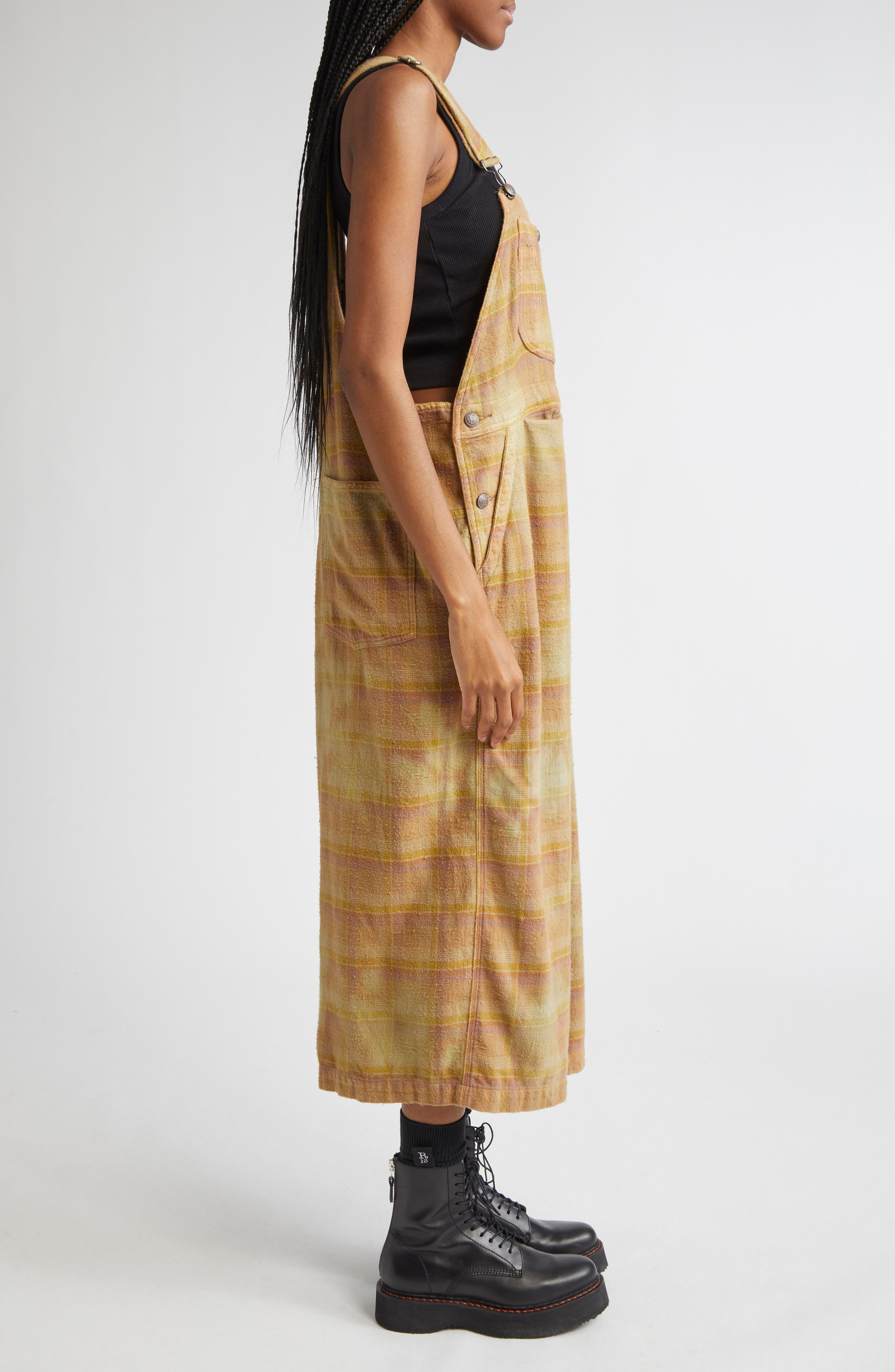 R13 Overdyed Plaid Cotton Flannel Jumbo Overalls in Overdyed Khaki Plaid at Nordstrom - 3