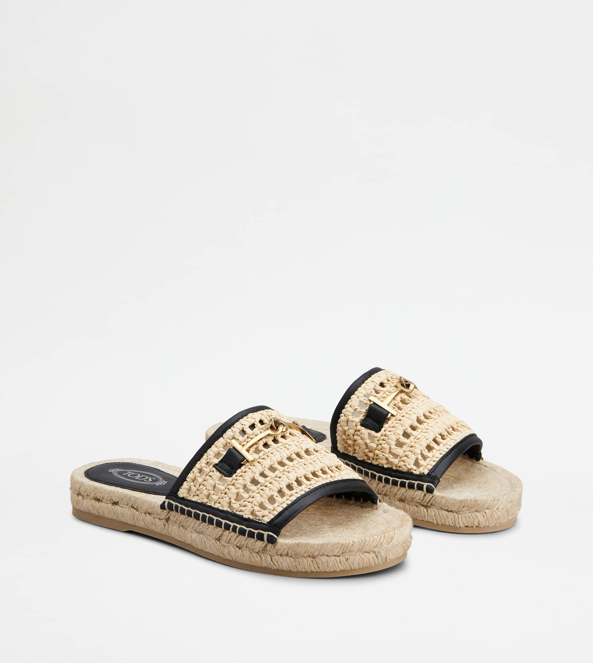 SANDALS IN LEATHER AND FABRIC - BLACK, BEIGE - 3