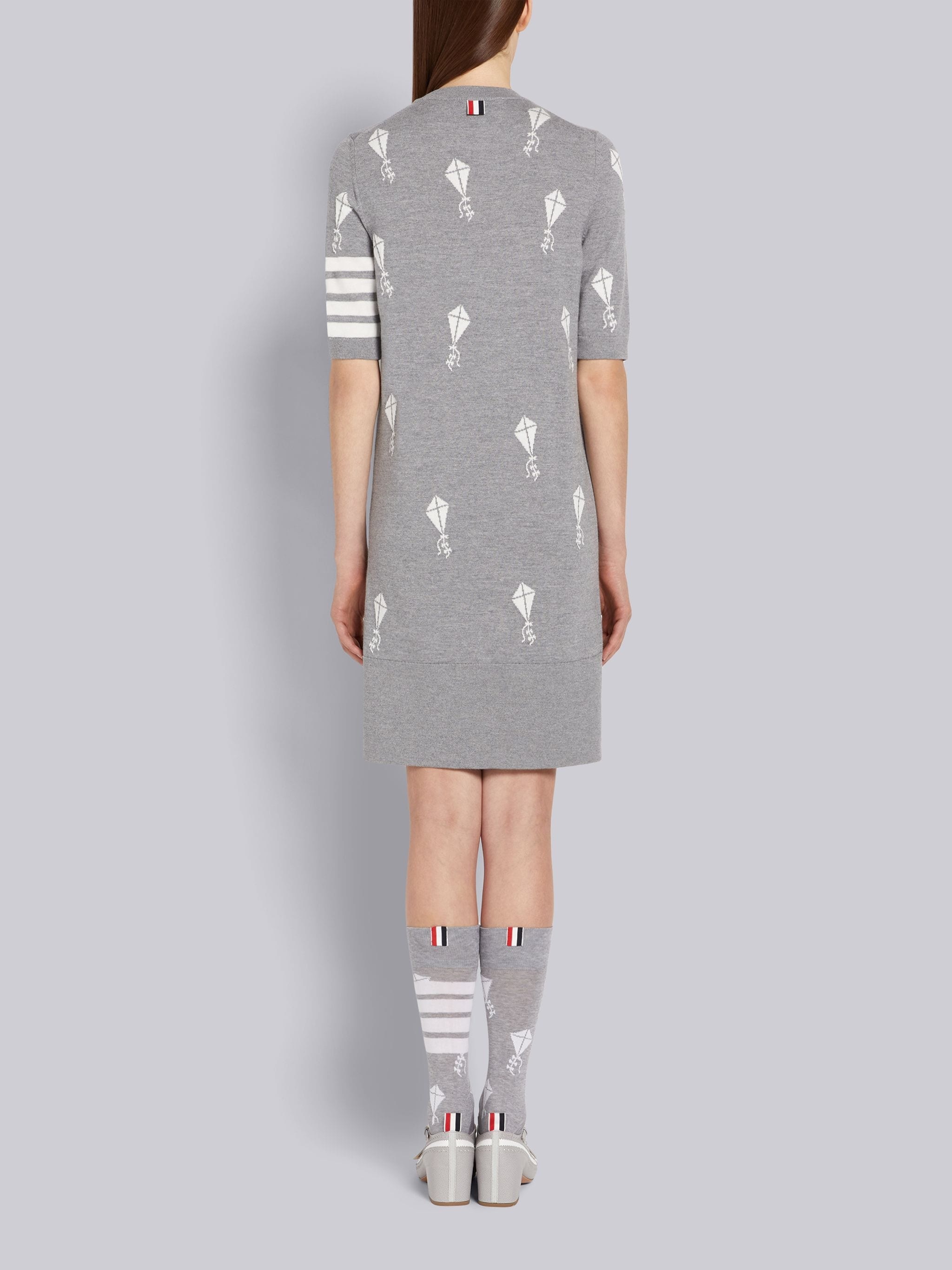 Light Grey Fine Merino Wool 4-Bar Half Drop Sky Icon Short Sleeve Dress - 3