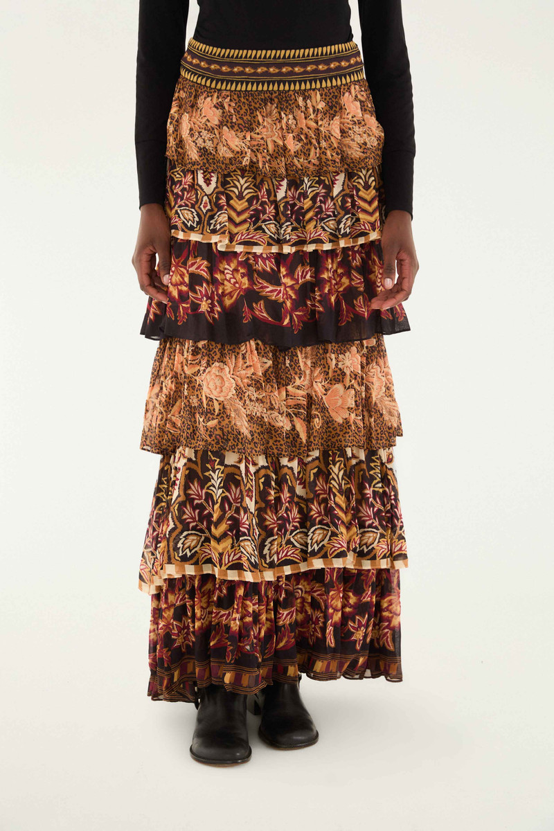 FARM RIO Mixed Scarves Ruffled Maxi Skirt outlook