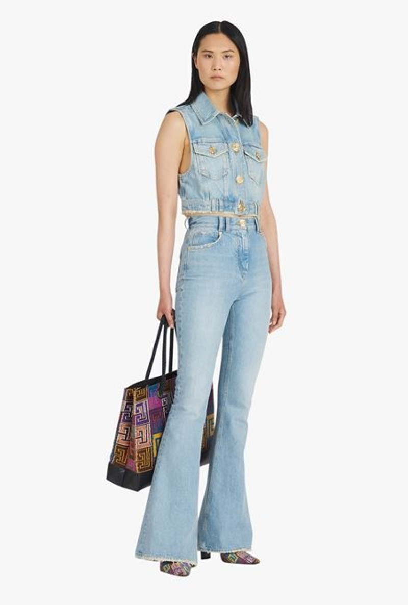Balmain Cropped vintage blue eco-designed denim jacket outlook