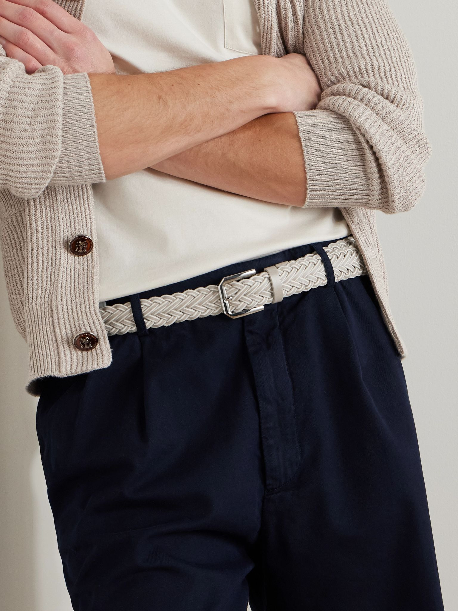 3cm Woven Leather Belt Beige - 3