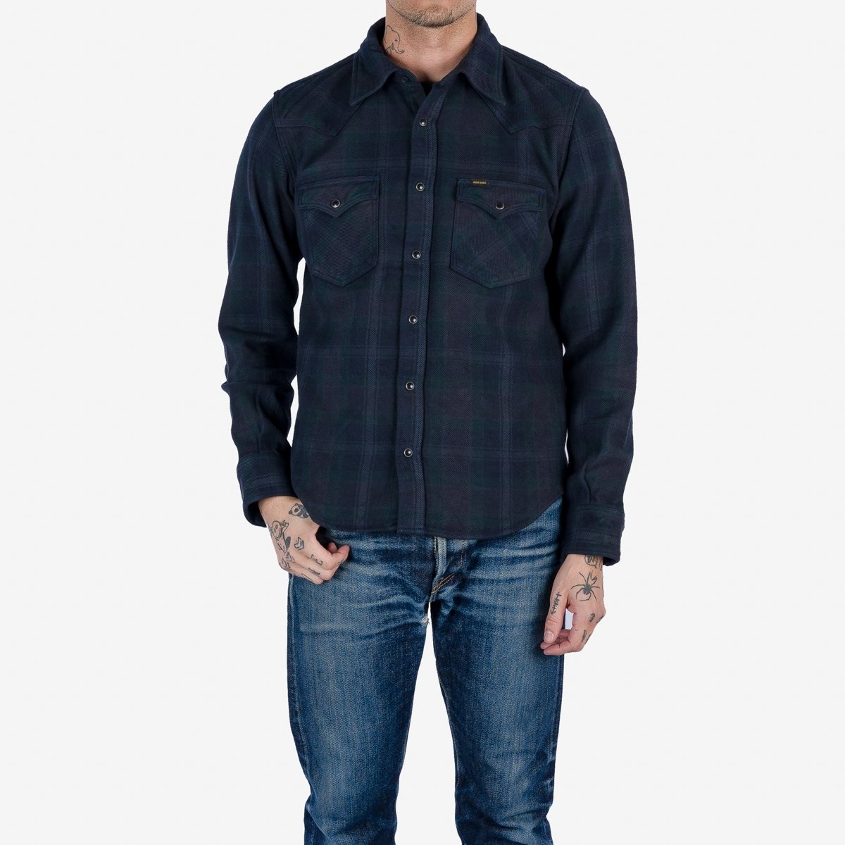 IHSH-336-OD Ultra Heavy Flannel Crazy Check Western Shirt - Navy Overdyed Black - 2