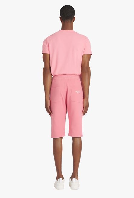 Salmon pink eco-designed cotton shorts with flocked white Balmain Paris logo - 3