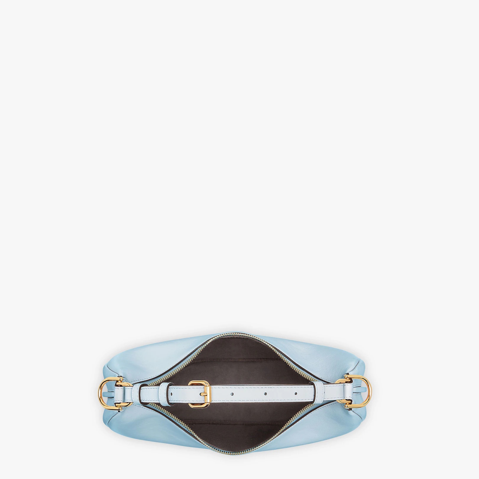 Small hobo bag made of soft light blue leather, with vintage gold metal FENDI lettering visible when - 5