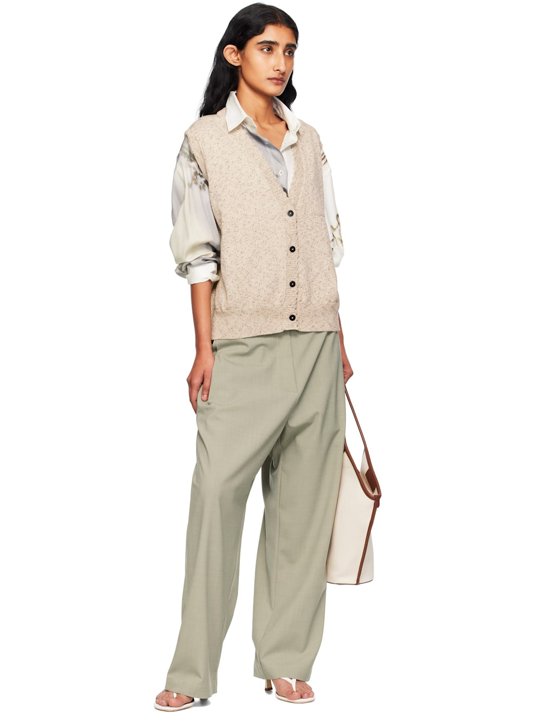 Beige Flecked Cotton Waistcoat Cardigan - 4
