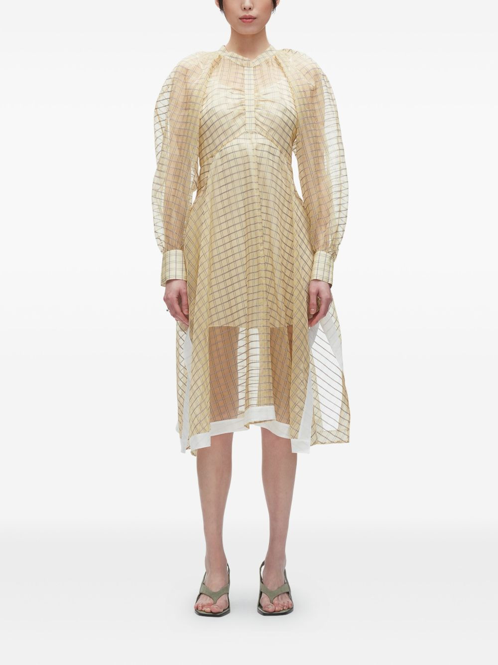 puff-sleeve checked midi dress - 2