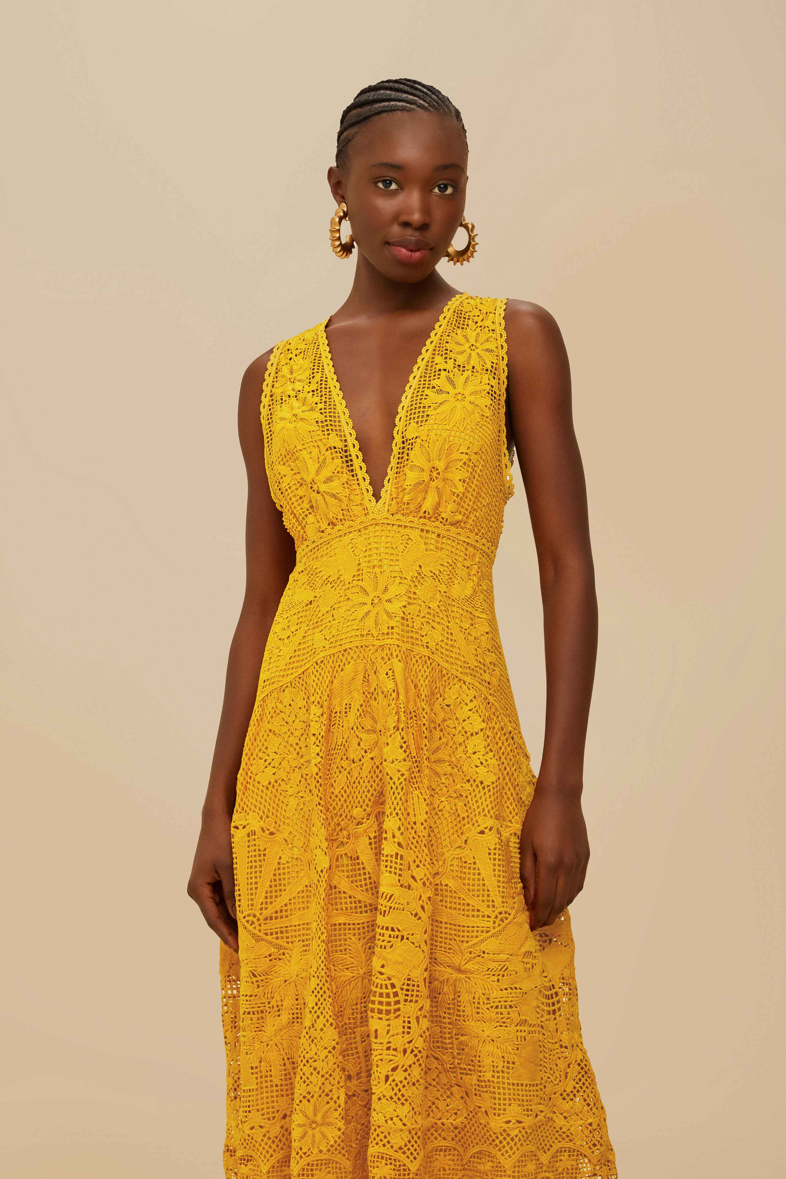 Landscape Guipure Mustard Yellow Midi Dress - 3