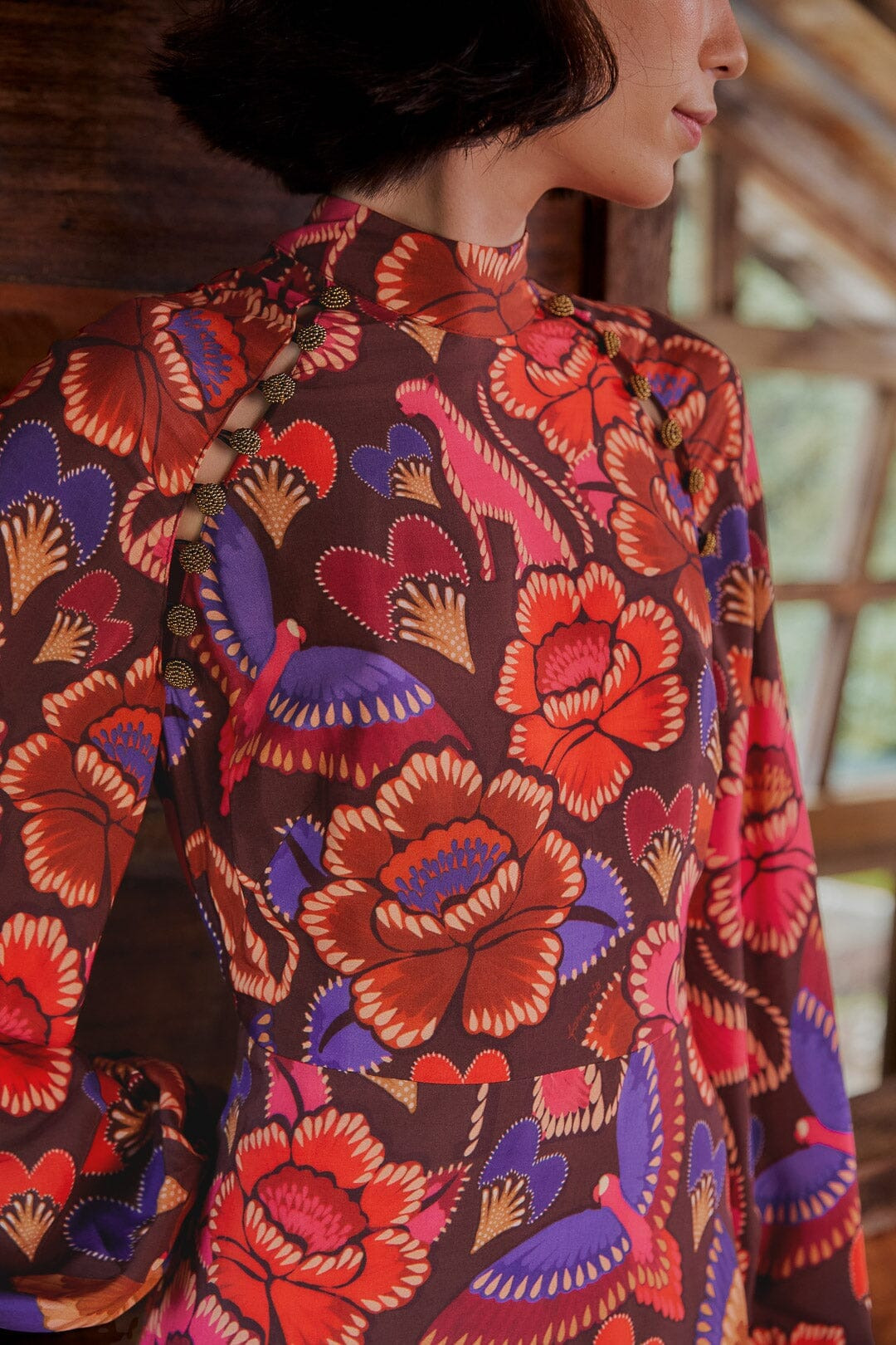 Brown Bright Flora Long Sleeve Mini Dress - 3