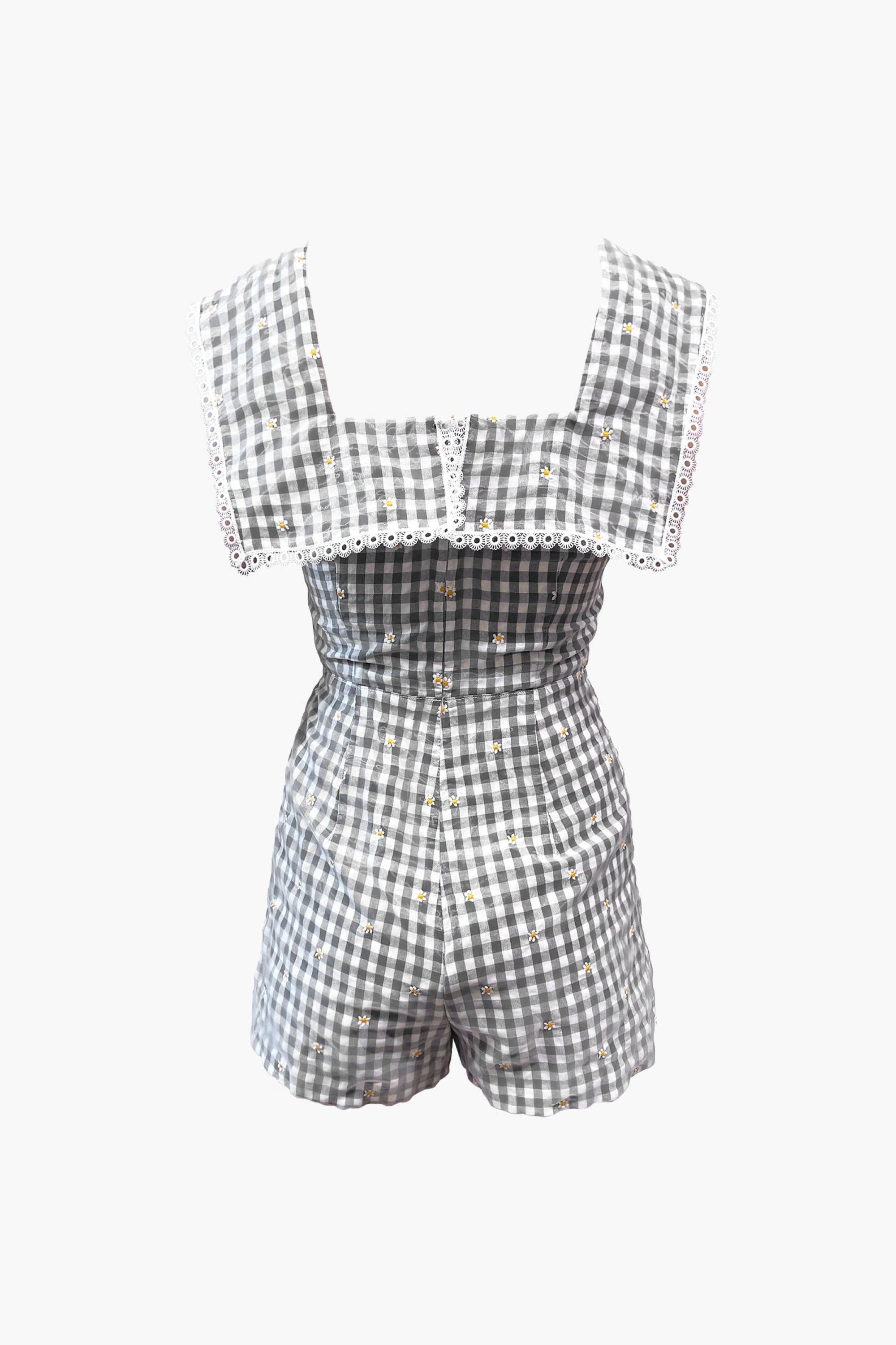 Anna Sui Daisy Embroidery On Gingham Romper in Black Multi at Nordstrom - 6