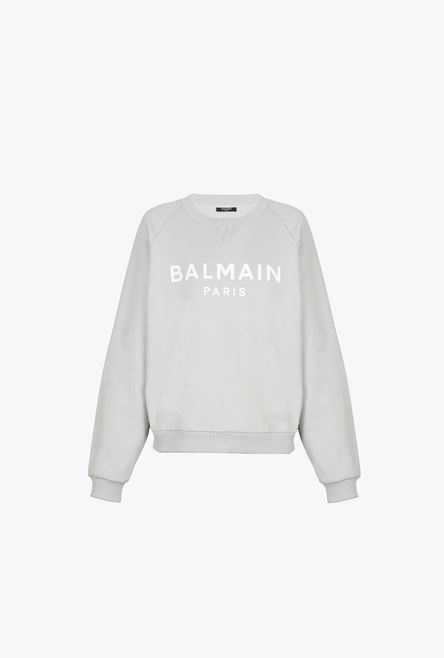 Light gray eco-designed cotton sweatshirt with white Balmain logo print - 1