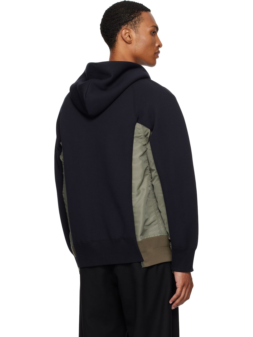 Navy & Khaki Sponge Sweat & Nylon Twill Hoodie - 3