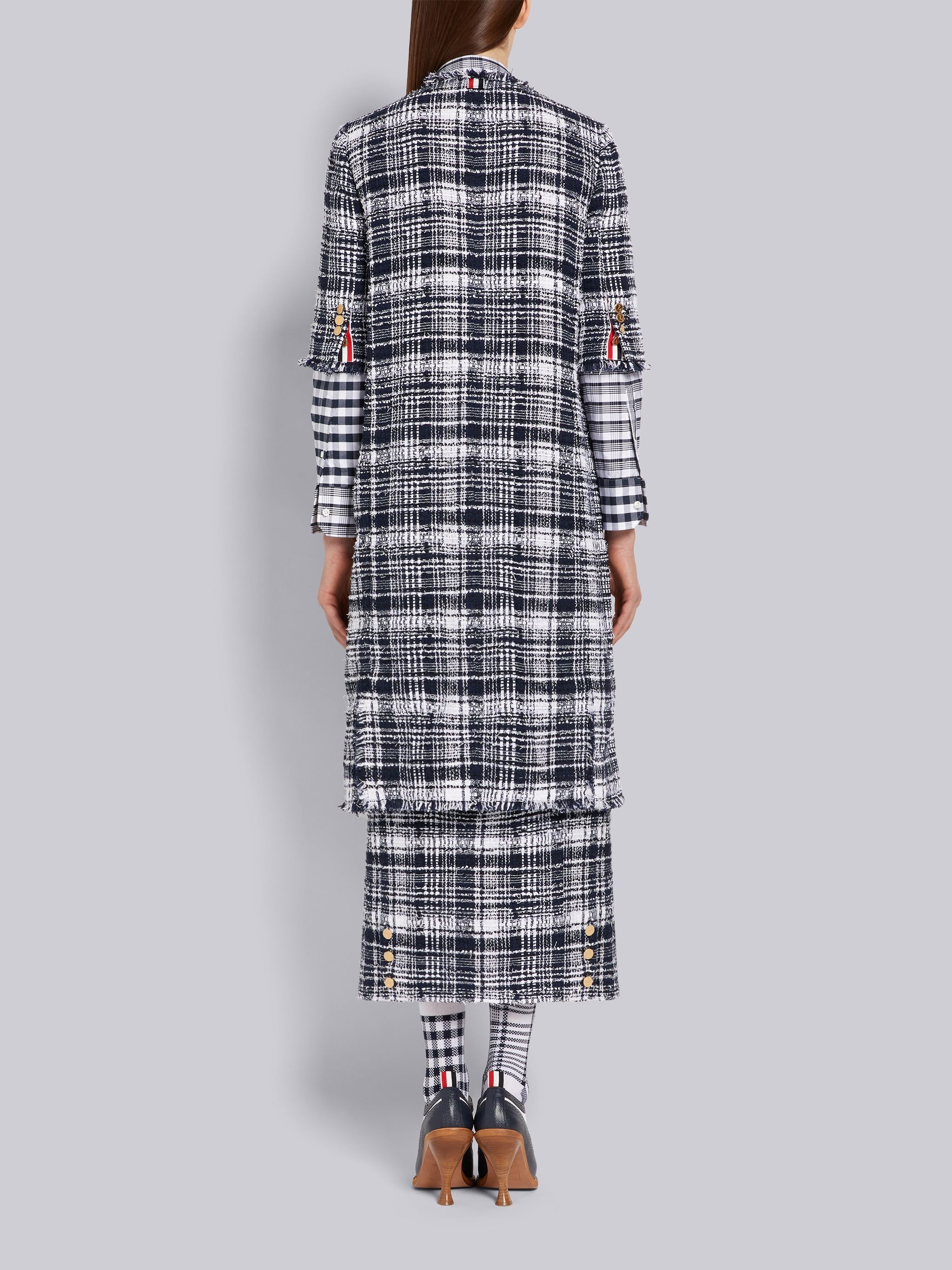 Navy Hairline Madras Ribbon Tweed Frayed Unconstructed Short Sleeve Unconstructed Cardigan Overcoat - 3