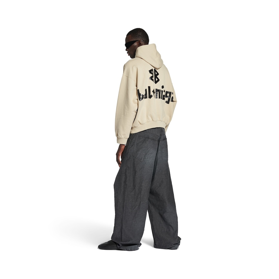 Tape Type Ripped Pocket Hoodie in Beige - 3