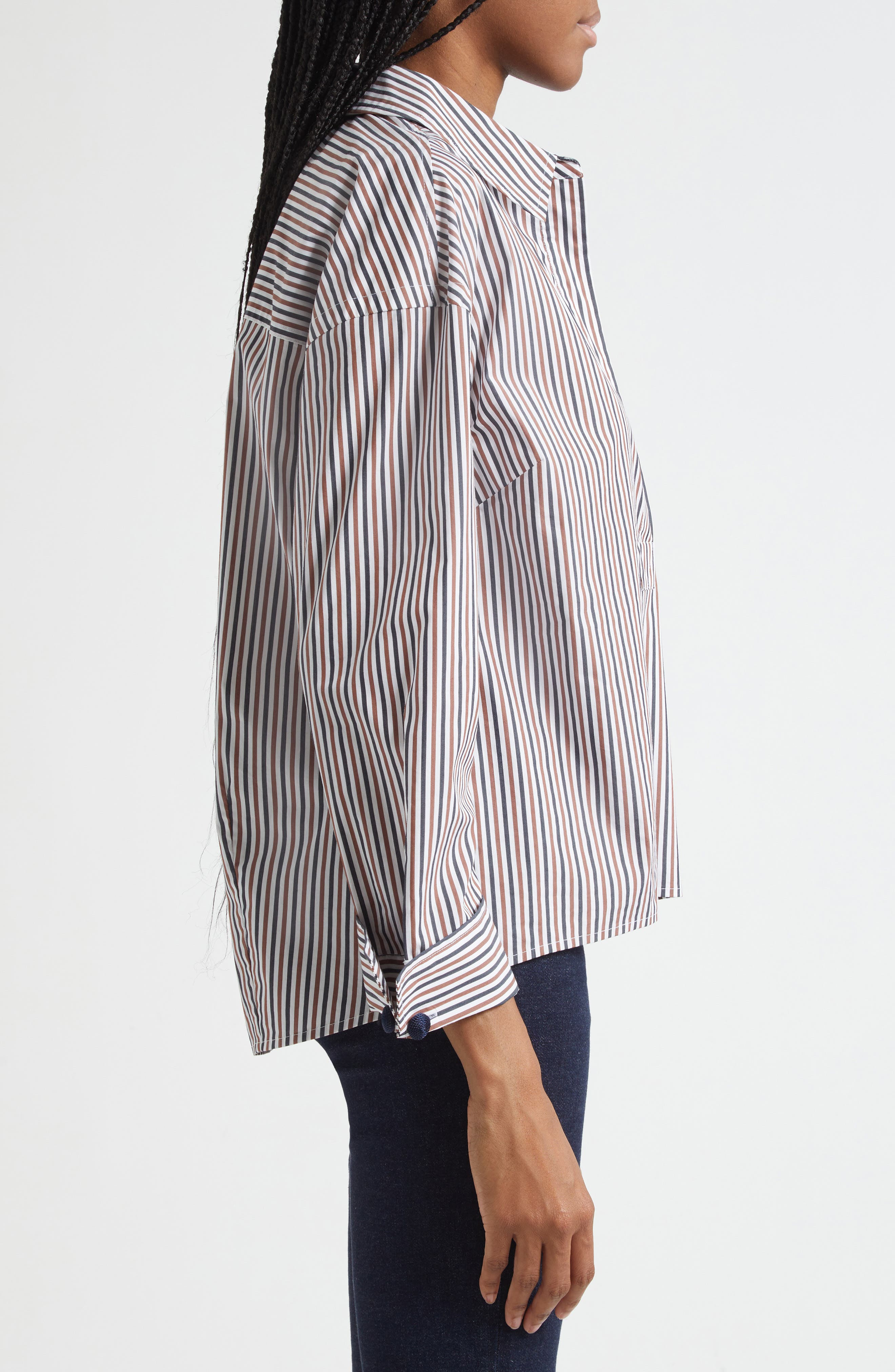 Veronica Beard Draymond Stripe Stretch Cotton Blend Shirt in Navy Brandy Multi at Nordstrom - 4