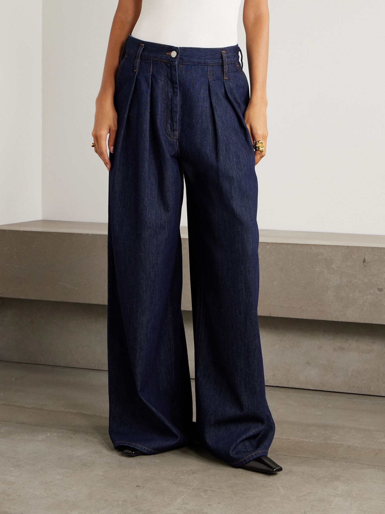 Pleated denim wide-leg pants Dark denim - 3