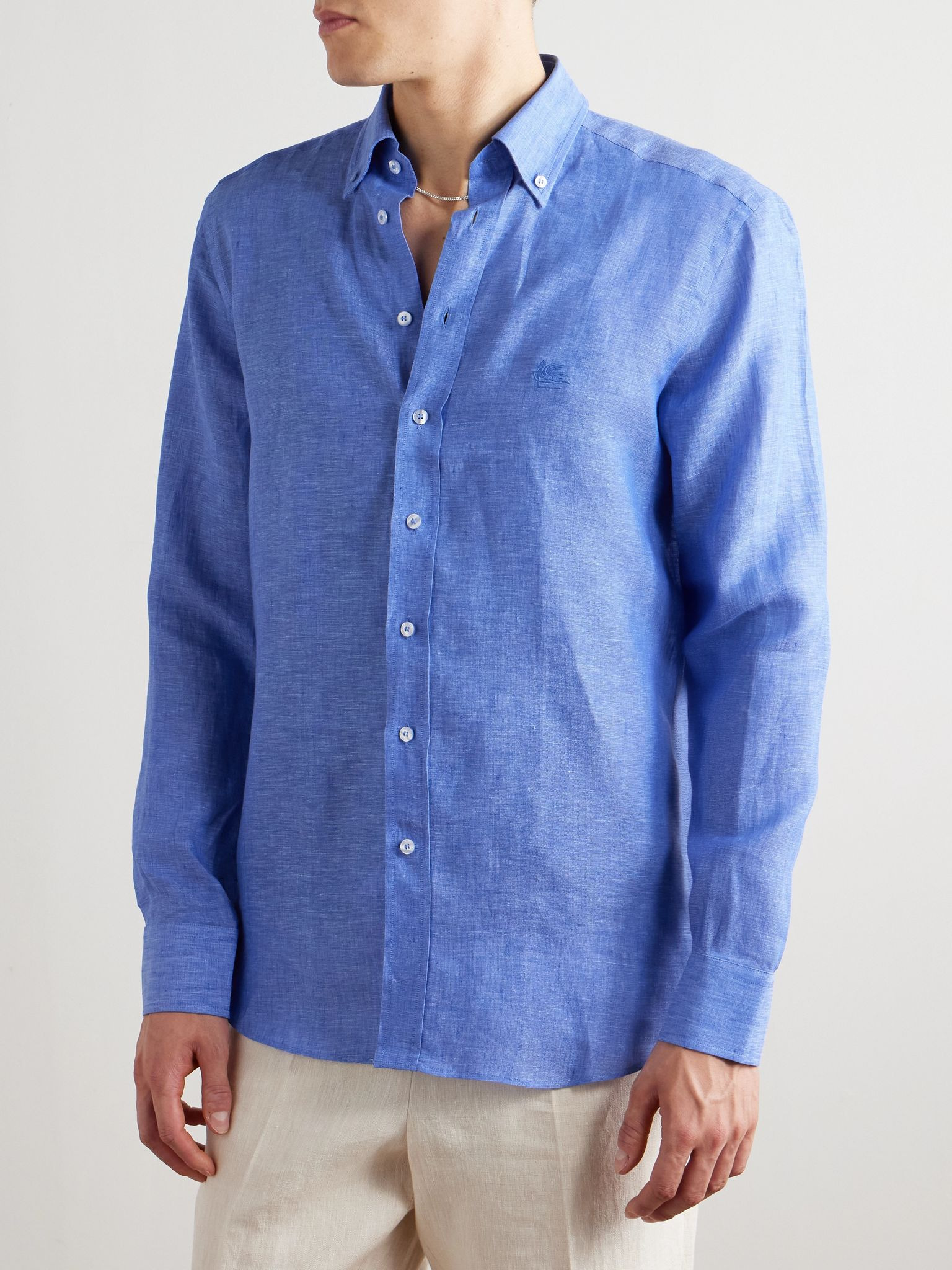 Logo-Embroidered Linen Shirt Blue - 3