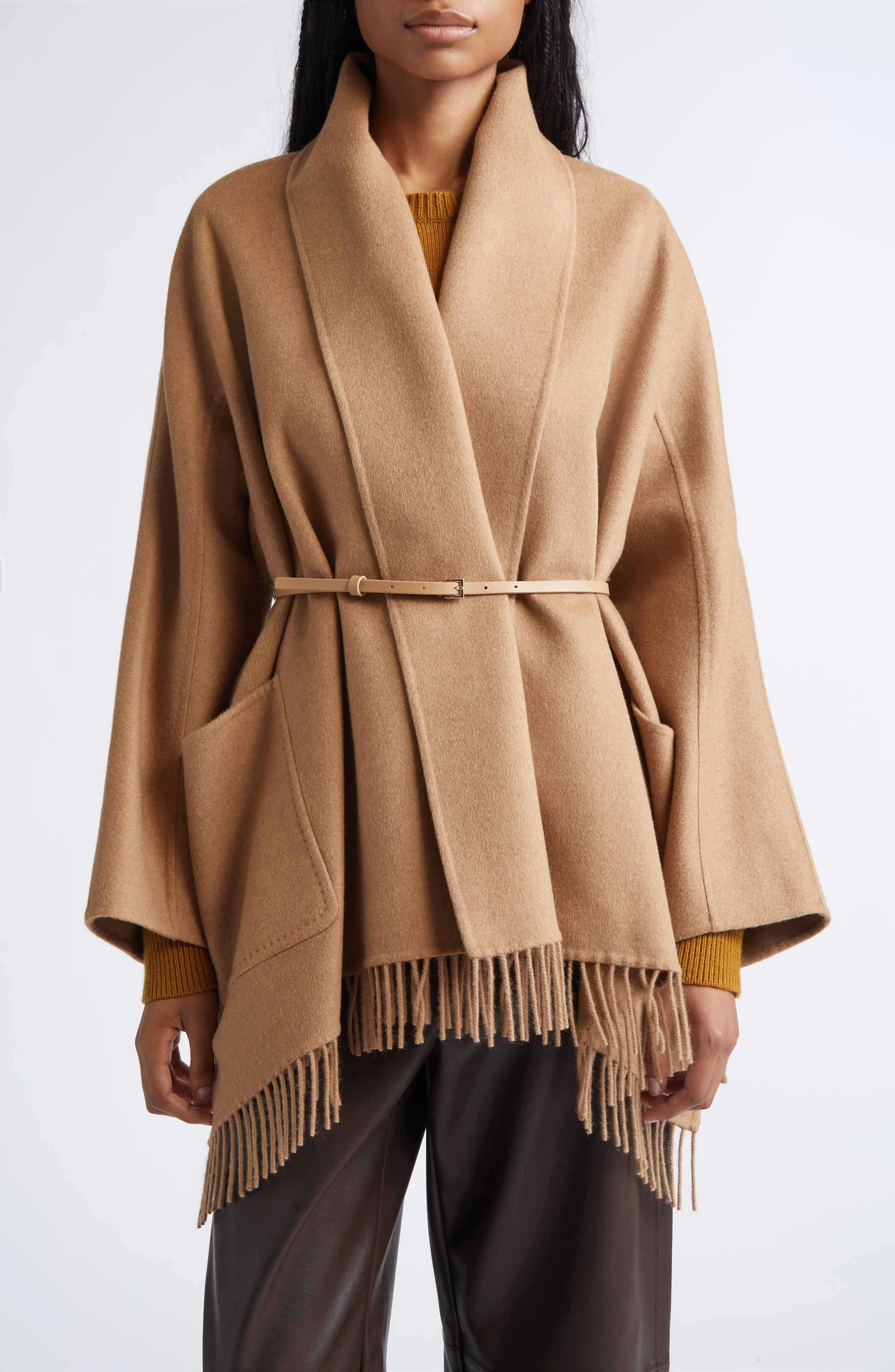 Max Mara Abilita Fringed Camel Hair Belted Cape Jacket at Nordstrom - 1