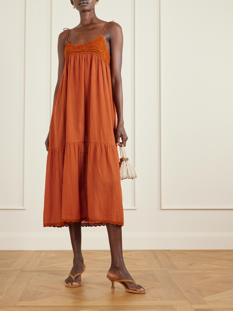 ULLA JOHNSON Linnea Tasseled Crochet-trimmed Cotton Midi Dress outlook