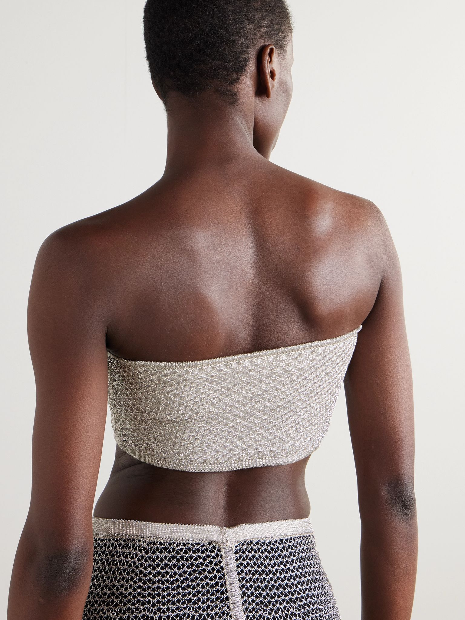 Cropped metallic open-knit bandeau top Silver - 4