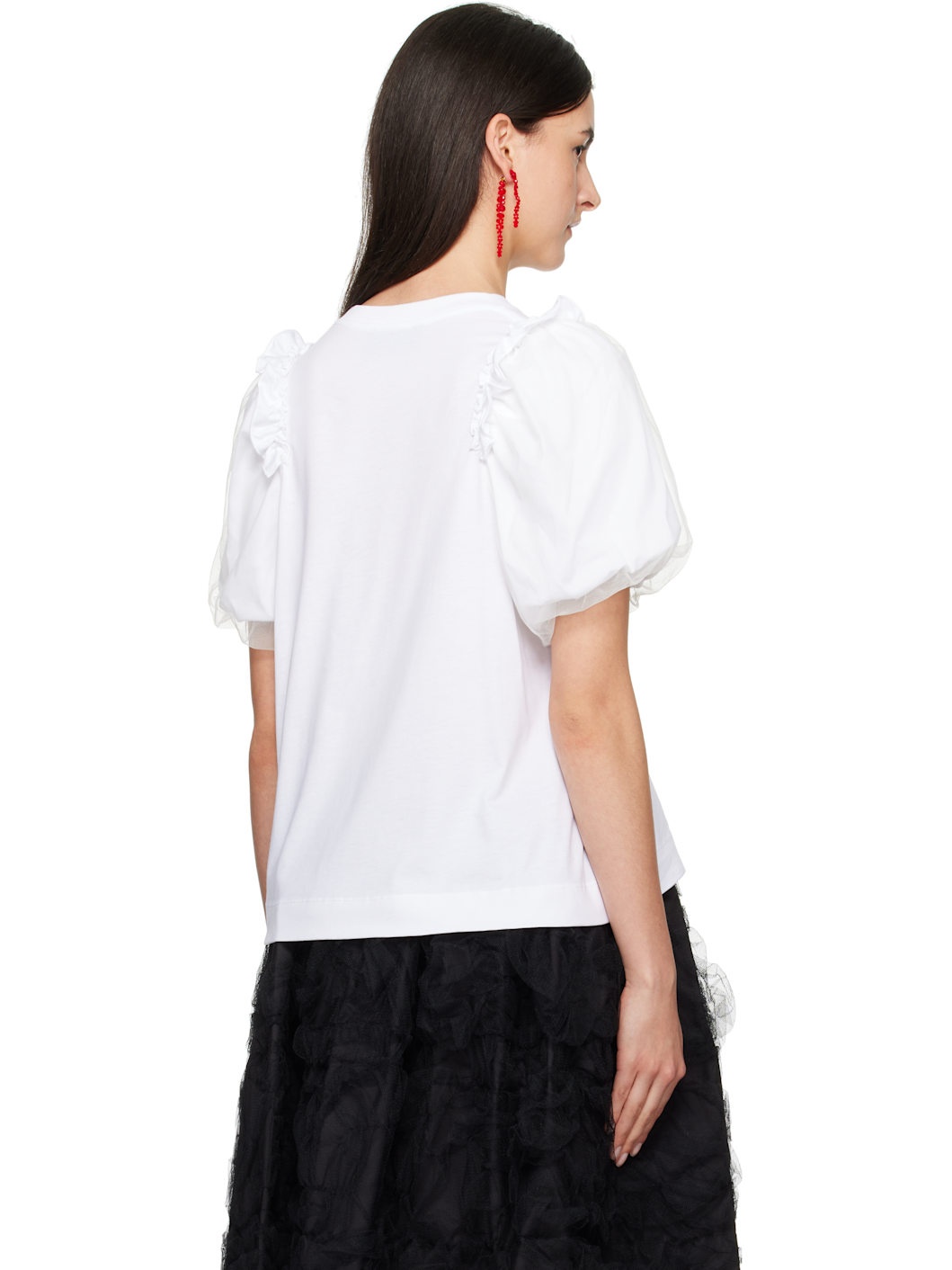 White Tulle Overlay Puff Sleeve Frill T-shirt - 3