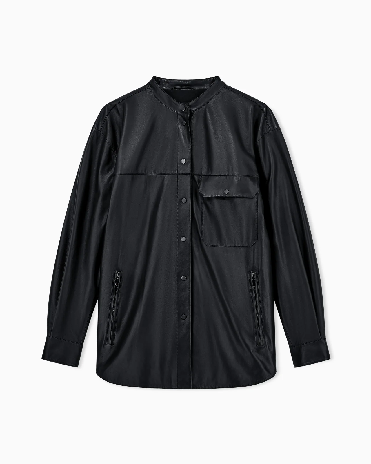 LEATHER SHIRT WITH STAND-UP COLLAR AND SNAP BUTTONS - 1