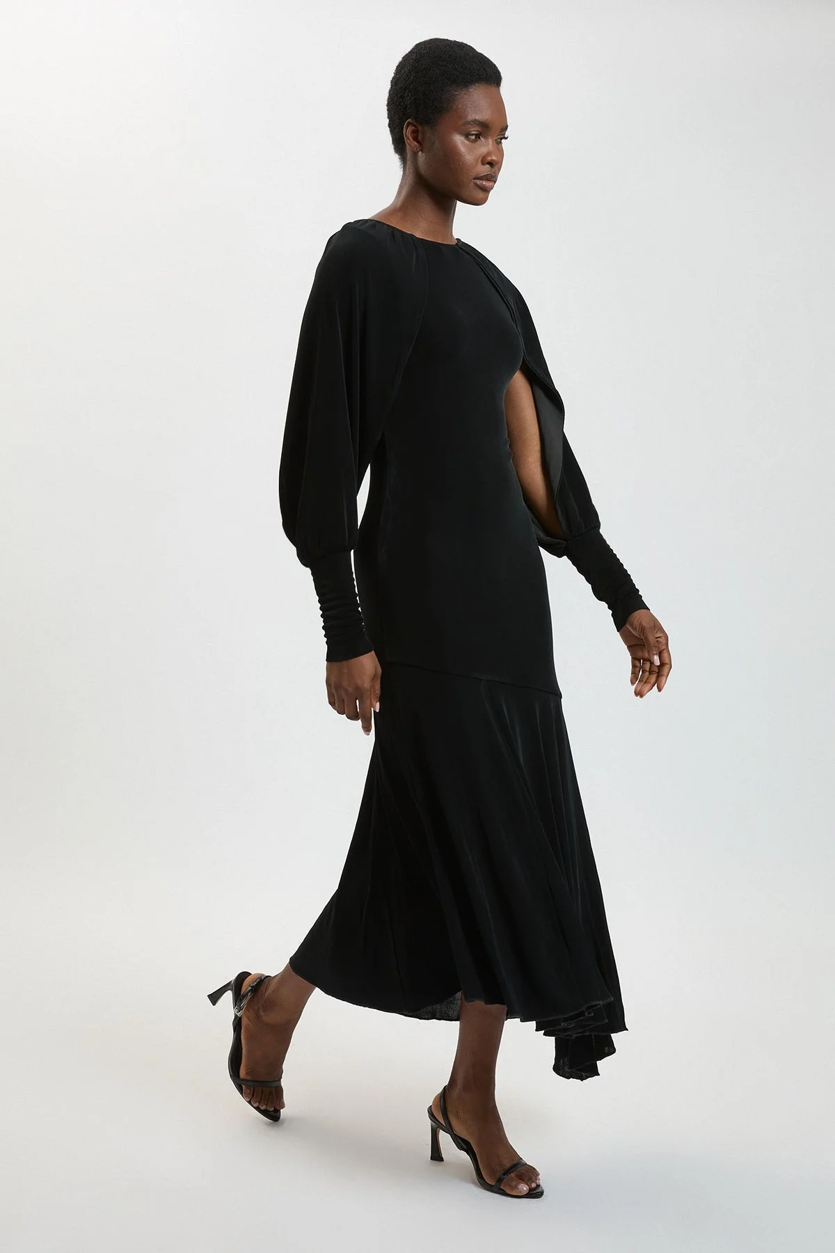 Drapey Crepe V Neck Back Sleeved Maxi Dress - 1